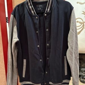 Champion Navy and Gray Fleece Varsity Bomber Jacket